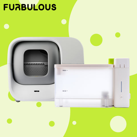 Furbulous Box and Furbulous Cube bundle, featuring the smart self-cleaning and packing cat litter box paired with the advanced ultrafiltration water dispenser, providing comprehensive and convenient pet care solutions for a clean, healthy, and happy pet environment