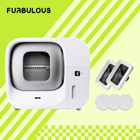 Furbulous Box, the smart self-cleaning and packing cat litter box, includes essential accessories like trash bags and deodorant bars to ensure a clean, odor-free, and convenient pet care experience